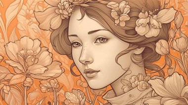 Karmaşık çiçek detaylarıyla çevrili bir kadının güzel bir klasik portresi. Yumuşak sepia tonlarında yapılmış sanat eserleri, zamansız güzellik ve doğal zarafet hissi yayar..
