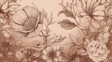 A detailed monochrome floral illustration in sepia tones, showcasing intricately designed flowers and leaves. This artwork captures vintage botanical elegance with refined linework and natural beauty. clipart