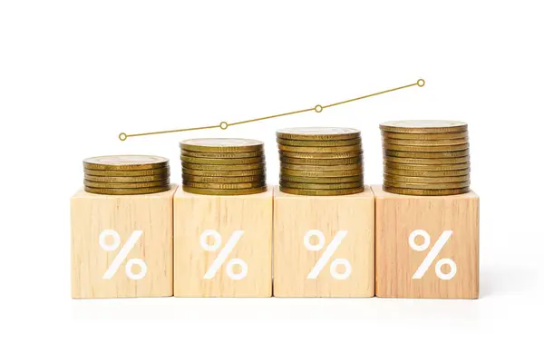 Artan finansal değerleri ve odun bloğunda yüzdelik simgeyle istiflenmiş bozuk para yığınını gösteren grafik. Kar, faiz oranı, grafik ve yatırım kavramı.