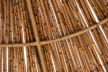 Bir saman şemsiyesinin yakın plan görüntüsü, karmaşık dokularını, dokularını ve doğal renklerini gözler önüne seriyor, plaj veya tropikal bir ortam için mükemmel..