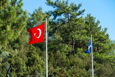 Türk bayrağının canlı bir görüntüsü, gür ağaçlar tarafından çerçevelenmiş mavi bir deniz bayrağı ile birlikte, doğayı ve ulusal gururu uyum içinde kutluyor..
