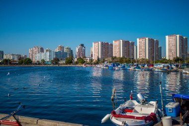 Limandaki mimari ve deniz yaşamının bir şehir deniz manzarasında rıhtımla buluştuğu yerdeki karışımı büyüleyici bir fotoğraf..