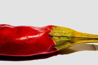 A sizzling macro photo capturing the fiery details of a hot red pepper against a clean white background, embodying vibrant spice clipart