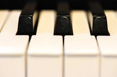 Büyüleyici bir makro fotoğraf, müzik sanatının özünü vurgulayarak siyah ve beyaz piyano tuşlarının karmaşık ayrıntılarını ve zıtlığını yakalar..