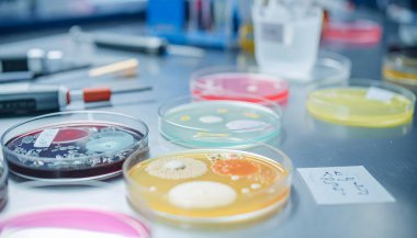 Paslanmaz çelik bir yüzeye yerleştirilmiş birden fazla petri kabının yüksek çözünürlüklü yakın çekimi, her tabağın içinde deneysel veya sanatsal reaksiyonlar sonucu canlı renk patlamaları içeriyor..