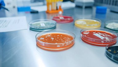 Paslanmaz çelik bir yüzeye yerleştirilmiş birden fazla petri kabının yüksek çözünürlüklü yakın çekimi, her tabağın içinde deneysel veya sanatsal reaksiyonlar sonucu canlı renk patlamaları içeriyor..