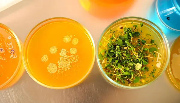 Paslanmaz çelik bir yüzeye yerleştirilmiş birden fazla petri kabının yüksek çözünürlüklü yakın çekimi, her tabağın içinde deneysel veya sanatsal reaksiyonlar sonucu canlı renk patlamaları içeriyor..