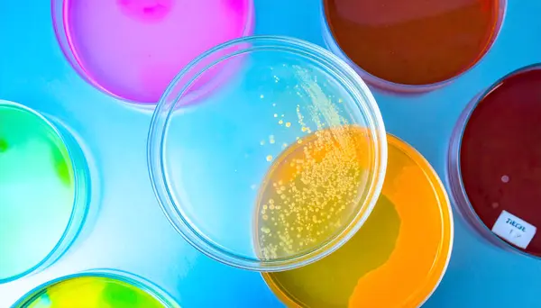 Paslanmaz çelik bir yüzeye yerleştirilmiş birden fazla petri kabının yüksek çözünürlüklü yakın çekimi, her tabağın içinde deneysel veya sanatsal reaksiyonlar sonucu canlı renk patlamaları içeriyor..