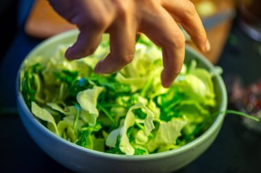 Salatalık, marul ve diğer sebzeleri dilimleyen bir kadının ev yapımı salatanın tazeliğini ve sağlığını yakaladığı canlı bir mutfak sahnesi..