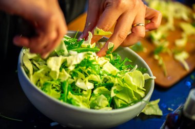 Salatalık, marul ve diğer sebzeleri dilimleyen bir kadının ev yapımı salatanın tazeliğini ve sağlığını yakaladığı canlı bir mutfak sahnesi..