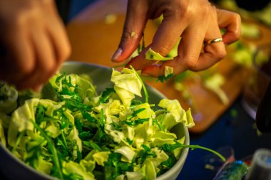 Salatalık, marul ve diğer sebzeleri dilimleyen bir kadının ev yapımı salatanın tazeliğini ve sağlığını yakaladığı canlı bir mutfak sahnesi..