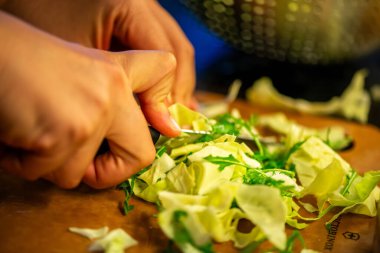 Salatalık, marul ve diğer sebzeleri dilimleyen bir kadının ev yapımı salatanın tazeliğini ve sağlığını yakaladığı canlı bir mutfak sahnesi..