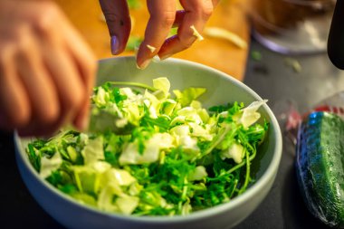 Salatalık, marul ve diğer sebzeleri dilimleyen bir kadının ev yapımı salatanın tazeliğini ve sağlığını yakaladığı canlı bir mutfak sahnesi..