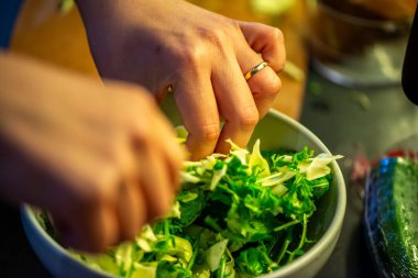 Salatalık, marul ve diğer sebzeleri dilimleyen bir kadının ev yapımı salatanın tazeliğini ve sağlığını yakaladığı canlı bir mutfak sahnesi..