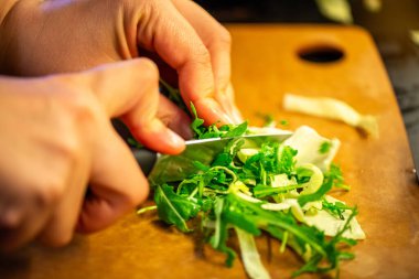 Salatalık, marul ve diğer sebzeleri dilimleyen bir kadının ev yapımı salatanın tazeliğini ve sağlığını yakaladığı canlı bir mutfak sahnesi..