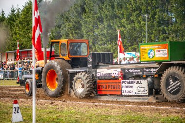 Aarhus, Danimarka. 16 Ağustos 2025 Güçlü makinelerin neşeli festival kalabalığından önce ağır topları çamura sürüklediği bir yarışma..