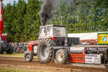 Aarhus, Danimarka. 16 Ağustos 2025 Güçlü makinelerin neşeli festival kalabalığından önce ağır topları çamura sürüklediği bir yarışma..