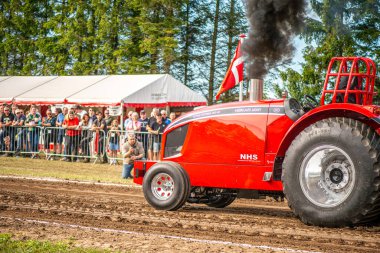 Aarhus, Danimarka. 16 Ağustos 2025 Güçlü makinelerin neşeli festival kalabalığından önce ağır topları çamura sürüklediği bir yarışma..