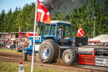 Aarhus, Danimarka. 16 Ağustos 2025 Güçlü makinelerin neşeli festival kalabalığından önce ağır topları çamura sürüklediği bir yarışma..
