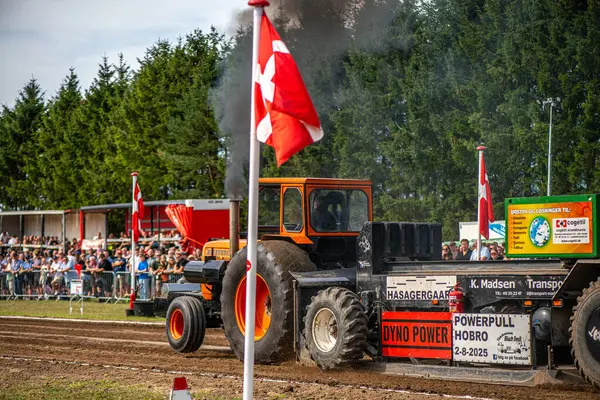 Aarhus, Danimarka. 16 Ağustos 2025 Güçlü makinelerin neşeli festival kalabalığından önce ağır topları çamura sürüklediği bir yarışma..