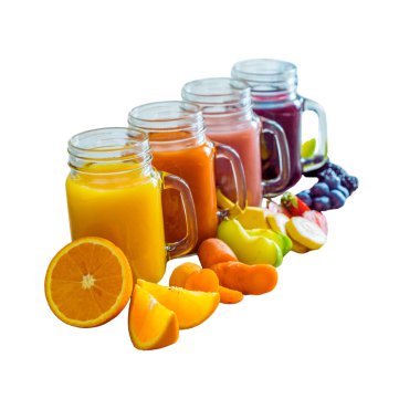 Beyaz arka planda izole edilmiş meyve suyu renkli sıçrama koleksiyonu.