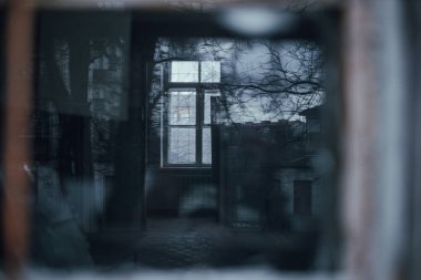 Terk edilmiş bir evde bir bardak su, sonbaharda bir pencere, eski bir bina, pencereden bir manzara..