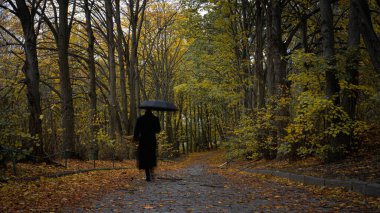  Siyah bir şemsiyeyle parkta yürüyorum.