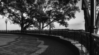 Gri tonlu bir gölün üzerindeki köprüye yakın çekim.