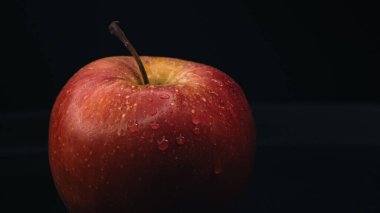 Sağlıklı beslenme kavramları için ideal siyah bir zemine karşı ıslak bir elmanın makro çekimi..