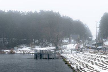 Donmuş bir göl kıyısında sisli bir kış sabahı, karlı bir kıyı şeridi ve sisle kaplanmış uzak ağaçlarla.
