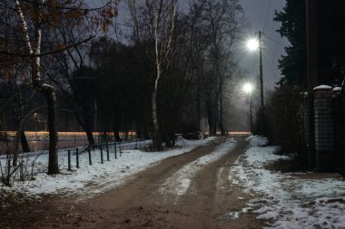 Kış gecesi parkta yol.