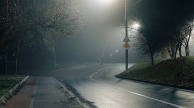 Islak asfalt ile sessiz gece yol sahnesi yoğun bir sis altında sokak lambaları yansıtan, kentsel ya da siyah-esinlenilmiş görseller için mükemmel.