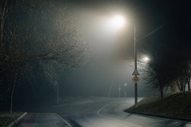 Islak asfalt ile sessiz gece yol sahnesi yoğun bir sis altında sokak lambaları yansıtan, kentsel ya da siyah-esinlenilmiş görseller için mükemmel.