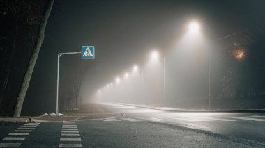 Aydınlatılmış yaya geçidinin olduğu sisli bir gece sahnesi ve sislerin içinde parlayan bir sıra sokak lambası.