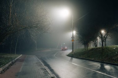 Islak yolda giden bir arabanın olduğu sisli şehir gece sahnesi. Çıplak ağaçlarla çevrili, parlayan sokak lambalarıyla aydınlatılmış..