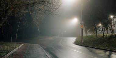 Sisli gece yolu sokak lambalarıyla aydınlatılıyor, çıplak ağaçlar ve sakin bir kaldırım sakin bir şehir atmosferi yaratıyor..