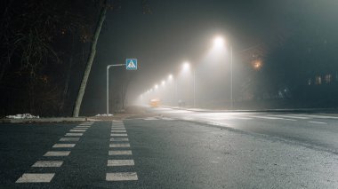 Aydınlatılmış yaya geçidinin olduğu sisli bir gece sahnesi ve sislerin içinde parlayan bir sıra sokak lambası.