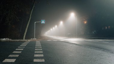 Aydınlatılmış yaya geçidinin olduğu sisli bir gece sahnesi ve sislerin içinde parlayan bir sıra sokak lambası.