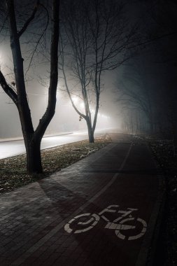 Foggy night road illuminated by streetlights, with bare trees and a quiet sidewalk creating a tranquil urban atmosphere. clipart