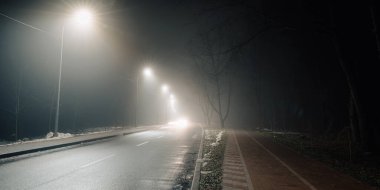 Sisli bir gecede boş bir yol ve bisiklet yolu, sokak lambalarıyla aydınlatılıyor, ağaçlar bir tarafta diziliyor, sakin ve atmosferik bir manzara yaratıyor..