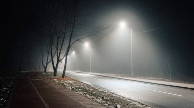 Sisli gece yolu sokak lambalarıyla aydınlatılıyor, çıplak ağaçlar ve sakin bir kaldırım sakin bir şehir atmosferi yaratıyor..