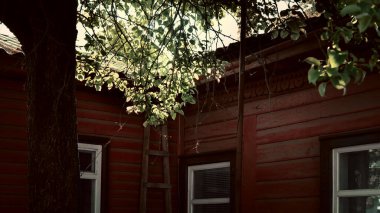 Pencereler ve yumuşak güneş ışığıyla aydınlatılan ağaç dallarıyla çerçevelenmiş, kırmızı ahşap bir evin duvarına dayanan ahşap bir merdiven görüntüsü..