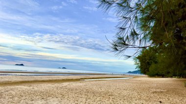 Hua Hin Sahili Tayland 'da sakin bir manzara. Geniş kumlu kıyılar açık bir gökyüzünün altında dağınık bulutlarla buluşuyor. Akşam ışığı, sahildeki çamlarla sükuneti arttırıyor.