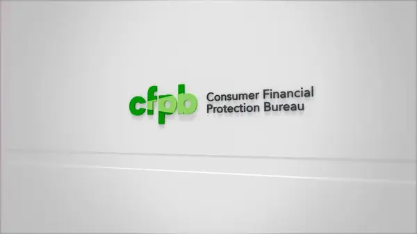 Beyaz bir duvarda CFPB logosu, içeride Tüketici Mali Koruma Bürosu binası.