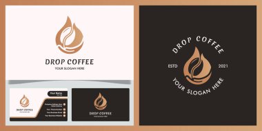 Kahve, damlalar, logo ve kartvizit karışımı.