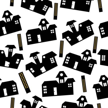 black colored houses silhouette buildings Halloween seamless pattern design clipart