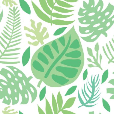 Yeşil renkli yapraklar tropikal desensiz doğal yeşil yapraklar. Yeşil renkli yapraklar el çizimi tropikal çiçek desenli. Kumaş, tekstil, kumaş, ambalaj, dekorasyon için uygun..