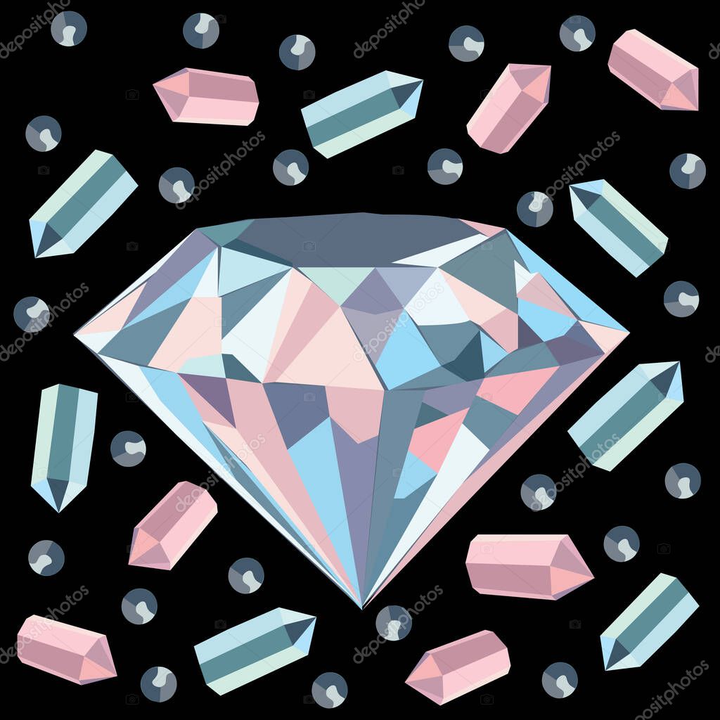 Diamonds and quartz with crystals artwork. Diamond. crystal. Quartz crystal.