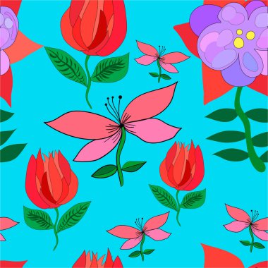 Pembe, mor ve kırmızı çiçekler, kusursuz vektör tekrarları. Çiçekli gül, pembe ve mor çiçeksiz vektör tekrarlama deseni