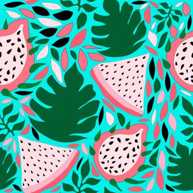 Pitaya, ejderha meyvesi, canavar, yağmur ormanı yaprakları dikişsiz desen. Tropikal yağmur ormanları pürüzsüz desen. Tekstil, kumaş, kiremit, ambalaj, dekorasyon ve daha fazlası için uygun.